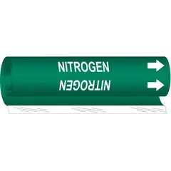 Wrap-around pipe marker for identifying nitrogen lines. Green background with white legend and directional arrows. Fits pipe outer diameters from 1-1/2 to 2-3/8 inches. Suitable for industrial piping systems requiring clear gas identification and flow direction indication.