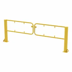 This dock gate is constructed from steel with a yellow powder-coated finish. It swings left or right to provide personnel protection at loading dock openings. Sold as a pair (1 PR); lock and safety guard are not included.