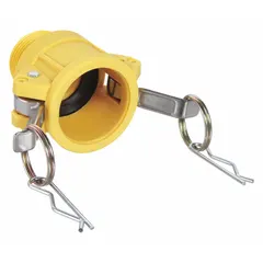 This Type B nylon cam and groove fitting has a 1-1/4 in coupling size with 1-1/4 in MNPT threads (1-1/4 in -11-1/2). It includes a nitrile gasket for leak-resistant sealing. Used for quick-connect fluid transfer in hose and pipe systems.