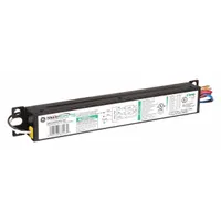 Programmed rapid start electronic fluorescent ballast for two F14T5 lamps. Operates on 120 to 277V AC input. Suitable for commercial and institutional lighting installations requiring flicker-free operation and extended lamp life