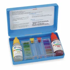 Water quality test kit for measuring chlorine levels in water. Includes a storage case and contains 2 tests with 3 pieces total. Suitable for basic water quality monitoring in pools, drinking water, and industrial applications.
