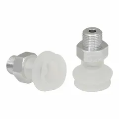 Bellows type vacuum pad assembly with 1.5 folds for handling delicate or irregular items. Features a G1/8 in vacuum port, 21 mm pad diameter, and clear food-safe material with 55 A durometer. Suitable for automated material handling in hygienic environments.