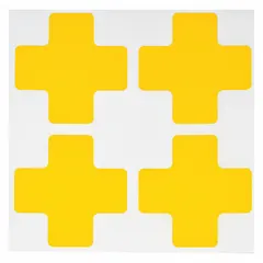 Solid yellow cross-shaped floor marking tape with no legend, made of 8 mil thick polyester. Each piece measures 2 in x 5 in, supplied in a 20-pack. Used to mark specific locations, hazards, safety zones, equipment placement, or walkway intersections in industrial facilities.