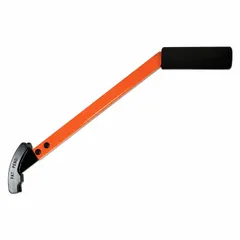 This 18-inch hand tool combines a stake striker, puller, and holder for concrete forming and flatwork. It is used to drive, align, and remove steel stakes, aiding in accurate form setup and reducing manual effort on construction sites.