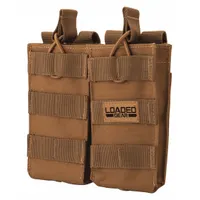 This duty equipment pouch is constructed of tan nylon and measures 5 1/2 inches by 6 3/10 inches. It features a strap closure for securing magazines. Suitable for carrying spare magazines in law enforcement, security, or tactical settings