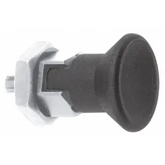 This locking indexing plunger features a short pin with a pull-knob for manual retraction and a jam nut for secure installation. The stainless steel body provides corrosion resistance. Typical applications include positioning and locking moving parts in jigs, fixtures, and indexing tables for repeatable setup in manufacturing and assembly operations.