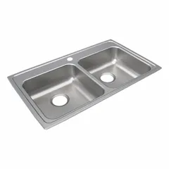 This two-bowl counter-mounted sink is designed for drop-in installation in kitchen and bar settings. Each bowl provides a 5-inch depth for washing and rinsing tasks. The sink measures 33 inches in overall length and 19-1/2 inches in overall width, finished in a silver/gray color. Faucets are not included.