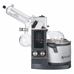 This motorized lift rotary evaporator features a 5 L capacity, speed range of 10 to 280 RPM, and 1300 W heating capacity. It includes G1 diagonal glassware with a diagonal condenser and motorized height adjustment. Designed for solvent removal under reduced pressure in laboratory distillation, concentration, and drying processes.