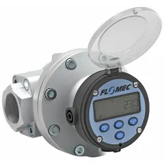 Oval gear totalizer for fuel oils, fuels, grease, lubricants, and oils. Constructed of aluminum with a digital display and 4-20 mA output. Accuracy of +/-0.5%, maximum voltage 36V DC. Suitable for industrial fluid monitoring and batching applications.