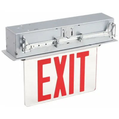 OEM Exit Sign: 2 Faces, Red, Aluminum, Universal Field Selectable Chevrons - Recess-Mount Edge-Lit Exit Signs
