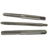 This three-piece hand tap set includes taper, plug, and bottoming taps for cutting internal metric threads in metal parts. Thread size is M20x2.5 Metric, class D7 / 2B, with 4 flute design. Made from high speed steel (HSS). Suitable for progressive threading in maintenance, repair, and production applications
