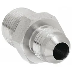 Rigid, straight hydraulic hose adapter with male NPTF and male JIC 37-degree flare connections. Used to connect NPTF threaded ports to JIC flare fittings in fluid power systems, such as hydraulic machinery and lubrication lines.