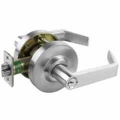 Classroom lever lockset with ANSI F84 function, allowing free egress from inside while requiring key access from outside. SR Sierra style lever in satin chromium-plated wrought brass finish. ADA compliant for accessibility in educational and commercial facilities.