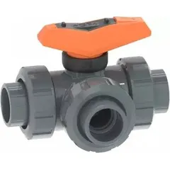This three-way ball valve features an L flow pattern for diverting or mixing flow in PVC piping systems. Constructed from PVC with socket connections, it includes a locking lever handle for secure position control. Suitable for applications requiring corrosion-resistant flow control.