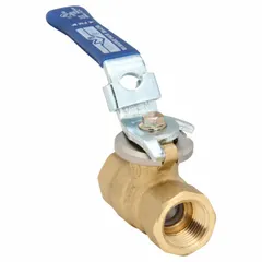 This brass ball valve features a full port design for minimal pressure drop, with FNPT female threaded ends on a straight body. The locking lever handle allows secure positioning for on/off flow control in water, oil, and gas piping systems.