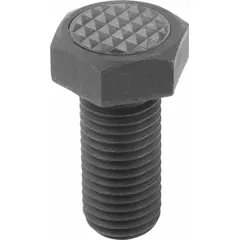This hex head gripper screw features a serrated carbide pad for high-friction grip on workpieces. The steel body has a black oxide coating and a hardness of Rockwell C72 to 74. It is used in industrial workholding and fixturing for clamping or positioning parts during machining, assembly, and inspection.