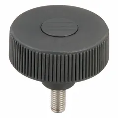 Knurled knob with a 63 mm diameter plastic body and a stainless steel M10 threaded stud. Thread length is 20 mm. Color is gray. Used for manual adjustment, clamping, or positioning on machinery and fixtures.