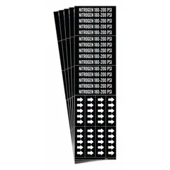 Adhesive pipe marker with black background and white legend reading 'Nitrogen 180-200 PSI'. Fits pipe outer diameters of 3/4 inch and smaller. Includes directional arrows. Supplied in a pack of 5. Used to identify nitrogen lines in industrial piping systems.