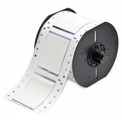 Polyolefin white matte precut sleeve label roll for wire identification. Each label measures 1 1/2 in x 2 in and fits 20 AWG to 28 AWG wire gauge. Compatible with BBP33 printer series for on-demand printing. Used in industrial control panels, electrical installations, and maintenance for marking wires and cables.