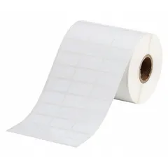 Acrylic label roll with aggressive permanent adhesive, halogen-free material. Measures 1/2 in x 1 in. Compatible with THT printer series. Used for industrial identification and labeling in demanding environments.