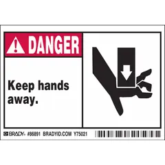 Polyester adhesive signs with a nominal size of 3 1/2 in x 5 in and 0.01 in thickness. Each pack contains 5 signs for mounting on clean, dry surfaces. Suitable for marking machinery or areas where hand contact poses a risk, such as moving parts or hot surfaces.