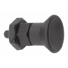 This nonlocking indexing plunger features a short pin with a pull-knob for manual retraction. It has a steel body with M16x1.5 thread and provides a nose force of 14 N to 28 N. The jam nut secures the plunger in place. It is used for precise positioning and locking of moving parts in jigs, fixtures, and machinery.