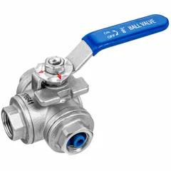 This three-way ball valve features an L flow pattern and a three-piece 304 stainless steel construction. It is equipped with a locking lever handle for secure operation. Typical applications include flow diversion or mixing in industrial piping systems.