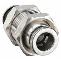 Push-to-connect x push-to-connect union fitting for connecting two 4 mm OD tubes in pneumatic systems. Constructed of stainless steel with a silver finish. Suitable for applications requiring quick, leak-free tube connections in automation and fluid handling