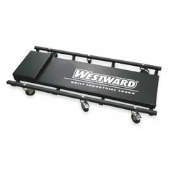 This steel creeper is designed for use under vehicles or machinery during maintenance and repair tasks. It has a standard-duty rating with a maximum load capacity of 250 lb, a height range of 3-11/16 in, and overall dimensions of 17-11/16 in x 3-11/16 in. The frame is constructed of steel and includes a padded headrest for comfort.