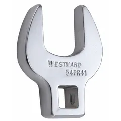 This SAE open end crowfoot wrench features a 13/16 in head size and 3/8 in drive size. The chrome finish provides corrosion resistance. It is used to access fasteners in confined spaces where standard sockets or wrenches cannot reach, such as on fuel lines, brake fittings, and hydraulic connections.