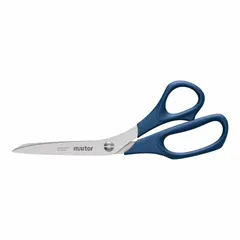 Offset plastic-handle scissors with straight stainless steel blades and rounded tip. Overall length 8 1/4 inches. Blue handle. Suitable for cutting cardboard in packaging, warehousing, and light industrial settings.