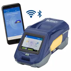 This Bluetooth-connected portable printer features a 2-inch print width and 300 dpi resolution. It includes a battery, AC adapter, self-laminating cable wraps, and Brady Workstation Basic Design Suite. Typical applications include on-demand labeling for cable wraps, asset tags, and panel identification in industrial settings.