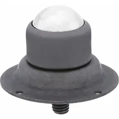 Ball transfer unit with a 1 1/8 in diameter ball and 200 lb load capacity. Features a flange and threaded-stud mount (3/8-16 thread) with 5/16 in projection. Used in material handling systems for omnidirectional movement of loads on conveyor transfer stations, workstations, and packaging lines.