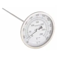 This back-mount fixed-angle thread-mount dial thermometer features a 5-inch dial and a 12-inch stem. It measures temperatures from 50°F to 550°F (10°C to 290°C) with an accuracy of ±1.5% below 150°F. Suitable for monitoring temperature in pipes, tanks, and similar industrial applications