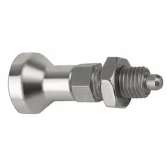 This nonlocking indexing plunger features a pull-knob design for quick retraction and a jam nut for secure mounting. Constructed from stainless steel with M16x1.5 thread, it provides a nose force range of 15 N to 35 N. Used for precise positioning and temporary locking of moving parts in jigs, fixtures, and assembly lines.