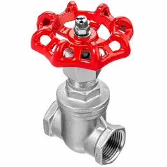 This non-rising stem gate valve features a 304 stainless steel body and bonnet with a 316 stainless steel wedge. It has 3/4 inch FNPT x FNPT connections and a wheel handle for manual operation. Suitable for on/off flow control in industrial piping systems handling water, oil, or gas.