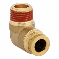 Brass adapter with push-to-connect on one end and 3/8 in male NPT on the other. Features Vibra-Seal thread sealant for leak-resistant joints. Used in pneumatic systems for connecting tubing to threaded ports.