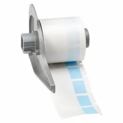 Blue matte vinyl wraparound label measuring 1 1/2 in x 3/4 in, designed for wire gauges 10 AWG to 4 AWG. Compatible with M710 printer series and requires M7-R4300 ribbon. Used for permanent identification of wires and cables in electrical panels, data centers, and manufacturing facilities.
