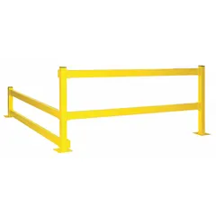 This steel guardrail post is designed for inline installation to support one rail level. It features a yellow powder-coated finish for visibility and has a 3-inch post depth. Mounting hardware is not included. Typical applications include creating pedestrian or vehicle barriers in industrial environments.