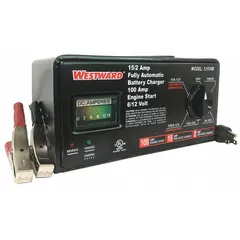 This automatic benchtop charger is designed for AGM, deep-cycle, and lead-acid batteries. It provides a boost current of 100 A at 12V, a charging current of 15 A at 6V, and a maintaining current of 2 A at 12V, with auto on/off operation to prevent overcharging. Suitable for use in automotive, marine, and industrial settings where reliable battery maintenance is required.