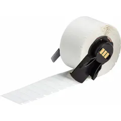 Vinyl wraparound label roll for permanent wire identification. Black on white, 9/32 in x 1 in, for 22 AWG to 16 AWG wire gauge. Compatible with M611 printer series, requires M61-R6210 ribbon. Used in electrical panels, control cabinets, and industrial equipment.