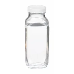 Rectangular glass bottle for general laboratory storage, mixing, and sampling of liquids and powders. Colorless clear glass body with 48-400 mm screw closure size. Not graduated. Supplied without closure.