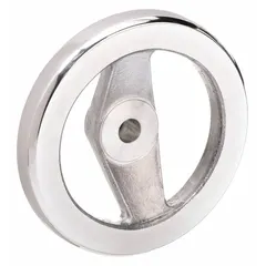 Spoked hand wheel made of aluminum with a zinc-plated finish. Features a 100 mm diameter and 1/2 in bore. Used for manual valve actuation, machine adjustment, and positioning in industrial machinery.