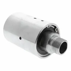 This single-passage rotary union transfers media such as steam, water, or thermal oil into rotating equipment. It features a plain stainless steel body, a 1" threaded rotating shaft, and carbon graphite seals. Maximum operating speed is 1000 rpm.
