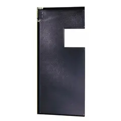 Single gray textured PVC swinging door, 3 ft wide by 7 ft high, with a vinyl window. Includes door seals, bumpers, and mounting hardware. Meets USDA standards. Suitable for industrial passages requiring a durable, easy-to-clean door.