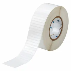 White gloss polyester precut label roll, 1/4 in x 2 in, with 10,000 labels per roll. Designed for use with the i5100 printer series. Suitable for industrial identification, cable marking, and component labeling in long-run applications.