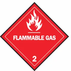 Class 2: Gases label for identifying containers holding flammable gases. Vinyl construction with permanent adhesive. Measures 4 inches by 4 inches. Supplied in a 500-pack. Used on cylinders, tanks, and drums to indicate flammable gas contents.
