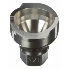 This stainless steel S21 adapter connects PPS series disposable cups to spray guns. It features an M14x1.0 thread size and is used in automotive refinishing and industrial coating applications for quick cup changes.