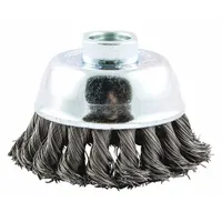 This cup brush is designed for heavy cleaning of contoured carbon steel surfaces. It features a 2 3/4 in diameter, 0.014 in fill diameter, and standard twist knot wire bristles. The brush connects via a 5/8"-11 arbor hole and is suited for removing rust, scale, and weld splatter on irregular shapes