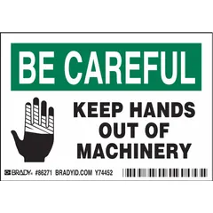 Polyester adhesive sign with nominal size 3 1/2 in x 5 in, 0.01 in thick. Not retroreflective or glow-in-the-dark. Suitable for mounting on machinery, panels, or walls to warn personnel against inserting hands into moving parts.